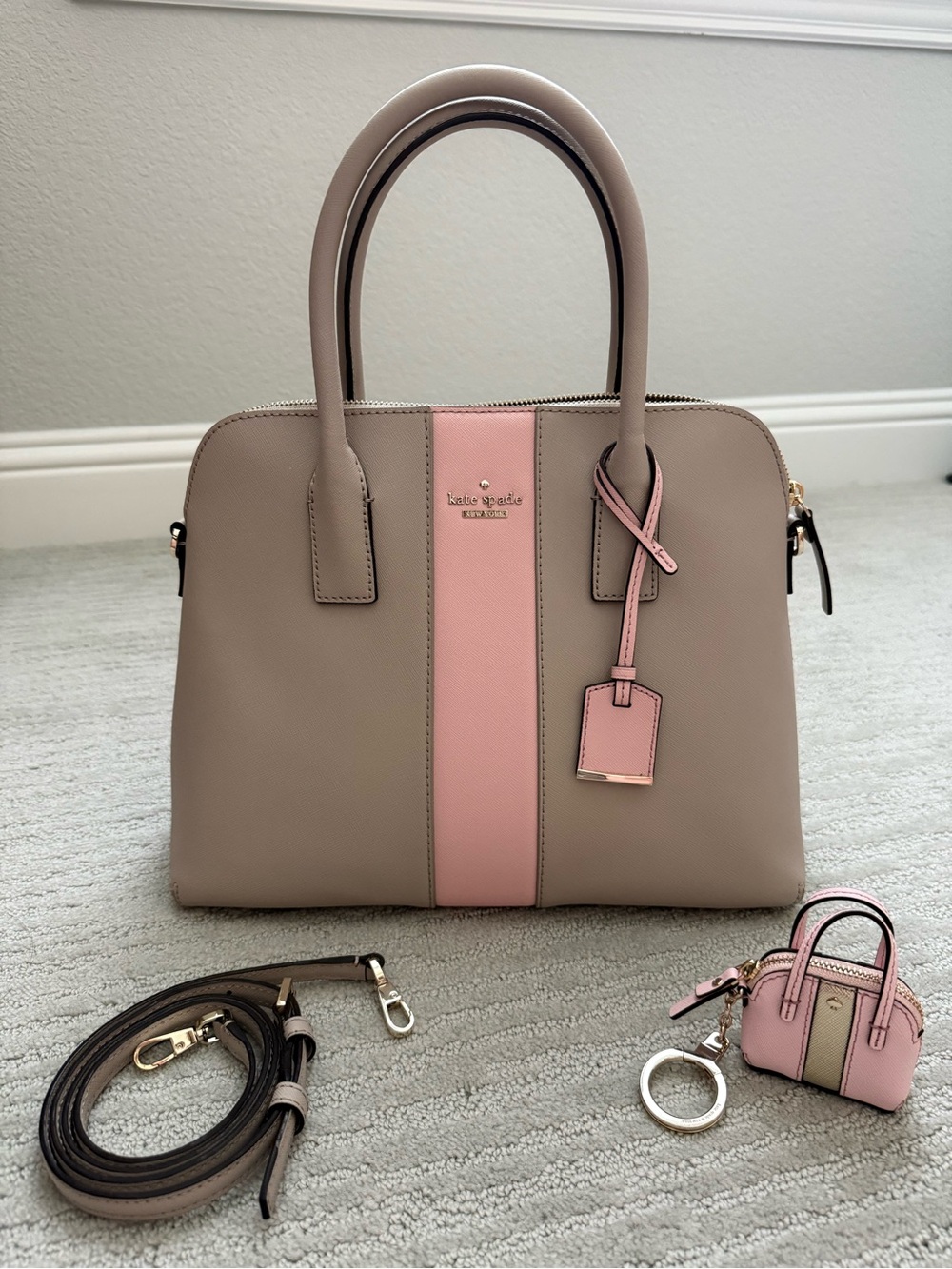 NWOT-Kate Spade detachable crossbody, satchel bag, classic khaki/pink, rare find